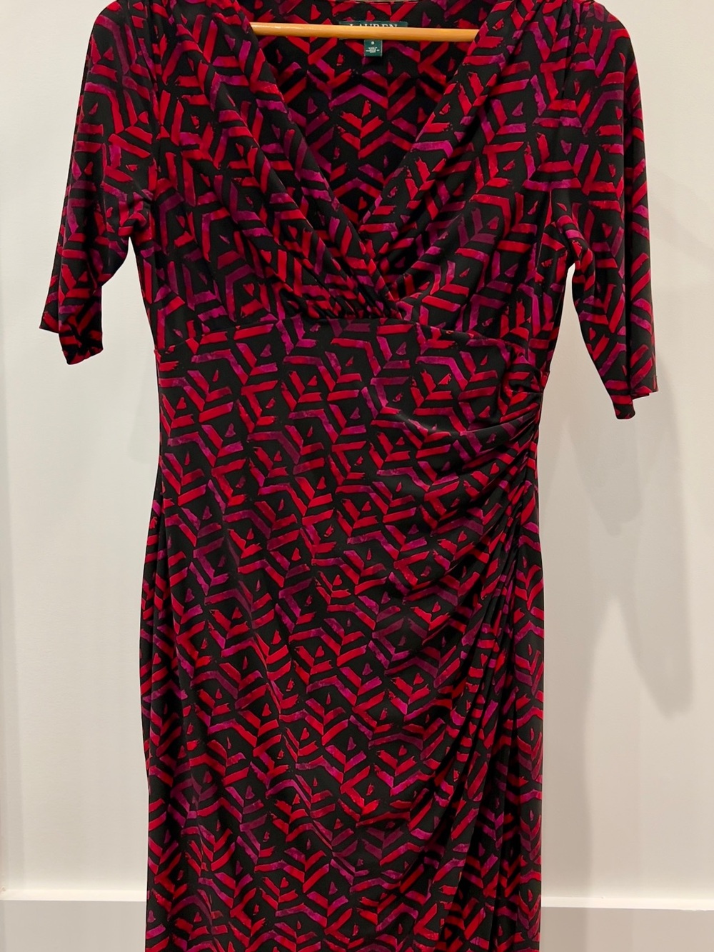 Ralph Lauren Red and Black Geometric Draped V-Neck Midi Dress